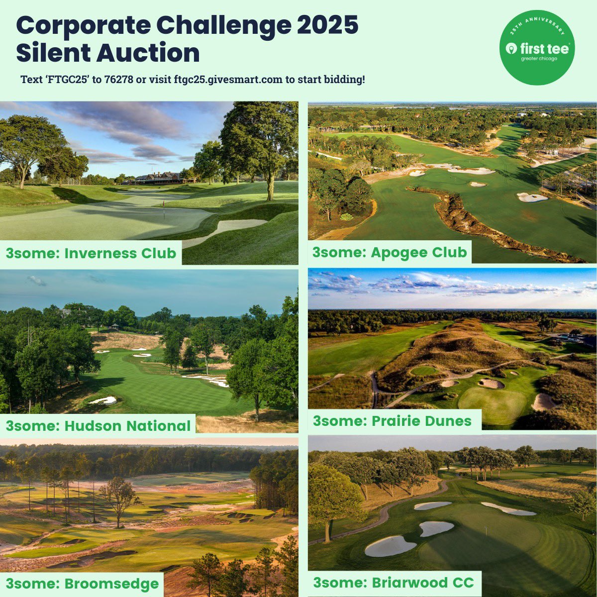 Our Corporate Challenge Silent Auction is NOW OPEN! Bid on exclusive golf experiences at top courses, along with dining packages, sports tickets, and more. Click this link: Ftgc25.givesmart.com or text 'FTGC25' to 76278 to sign up! Bidding ends Monday, July 21st at 7:30pm CT.