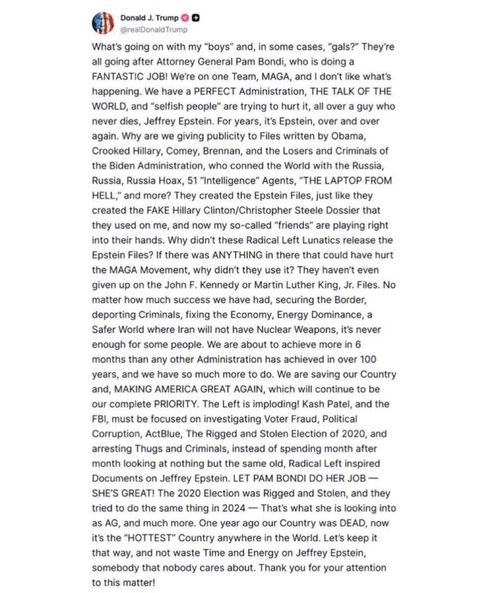 BREAKDOWN: TRUMPS EPSTEIN POST IS A WARNING, NOT A DEFENSE
 t.me/LauraAbolichan…

Trump dropped a long, chaotic post on Truth Social.

At first glance, it looks like he’s just defending Pam Bondi, but read between the lines; this is way bigger.

He’s not just attacking the