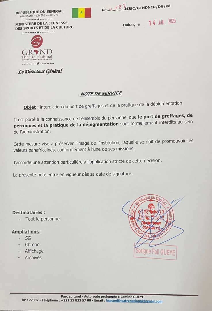 Noo_IDcard's tweet photo. ‼️ Note de service Grand théâtre : Interdiction de port du greffages et de la pratique de la depigmentation au sein de l’administration @fal91390 https://t.co/9WQNoekaE2