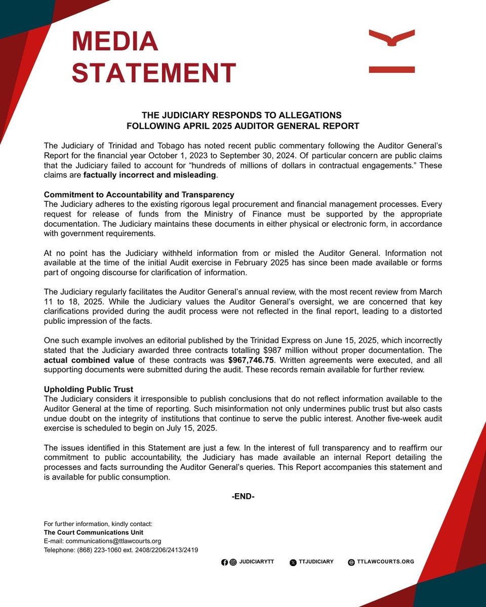 TTJudiciary's tweet image. MEDIA STATEMENT- THE JUDICIARY RESPONDS TO ALLEGATIONS FOLLOWING APRIL 2025 AUDITOR GENERAL REPORT
#JudiciaryTT