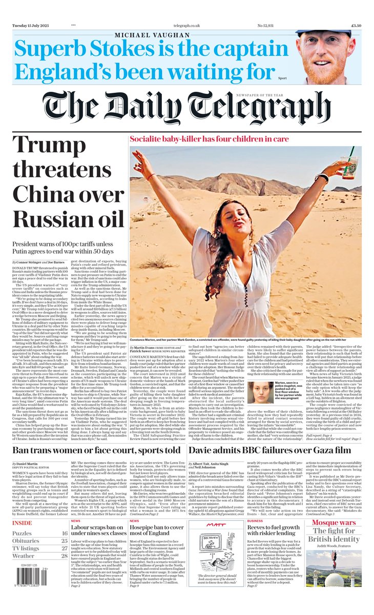 The Daily Telegraph:  Trump threatens China over
Russian oil #TomorrowsPapersToday