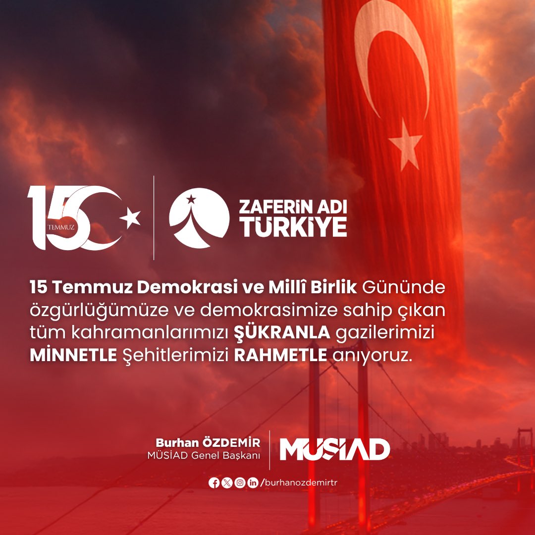 15 Temmuz gecesi, yalnızca millet iradesine değil; aynı zamanda Türkiye’nin istikbaline, kararlılığına ve ekonomik bağımsızlığına da kasteden alçak bir darbe girişimiyle karşı karşıya kaldık.

Aziz milletimiz o gece tanklara göğsünü siper ederek ülkemizin emeğini, ekmeğini ve