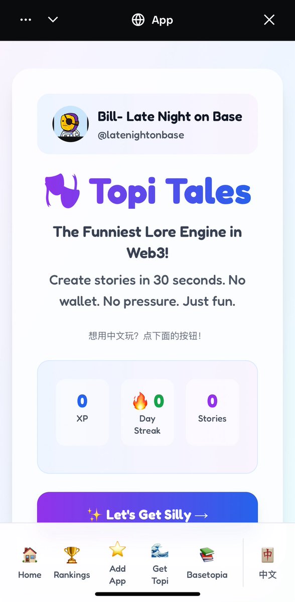 BasedTopi's tweet image. It’s LIVE!
The Topi Tales Farcaster mini app has officially launched!
👉 Find it in Coinbase Wallet mini apps
👉 Or play directly here: farcaster.xyz/miniapps/fkorq…
Write a silly little story in 30 seconds.
Earn XP.
Climb the leaderboard.
And most importantly… have FUN