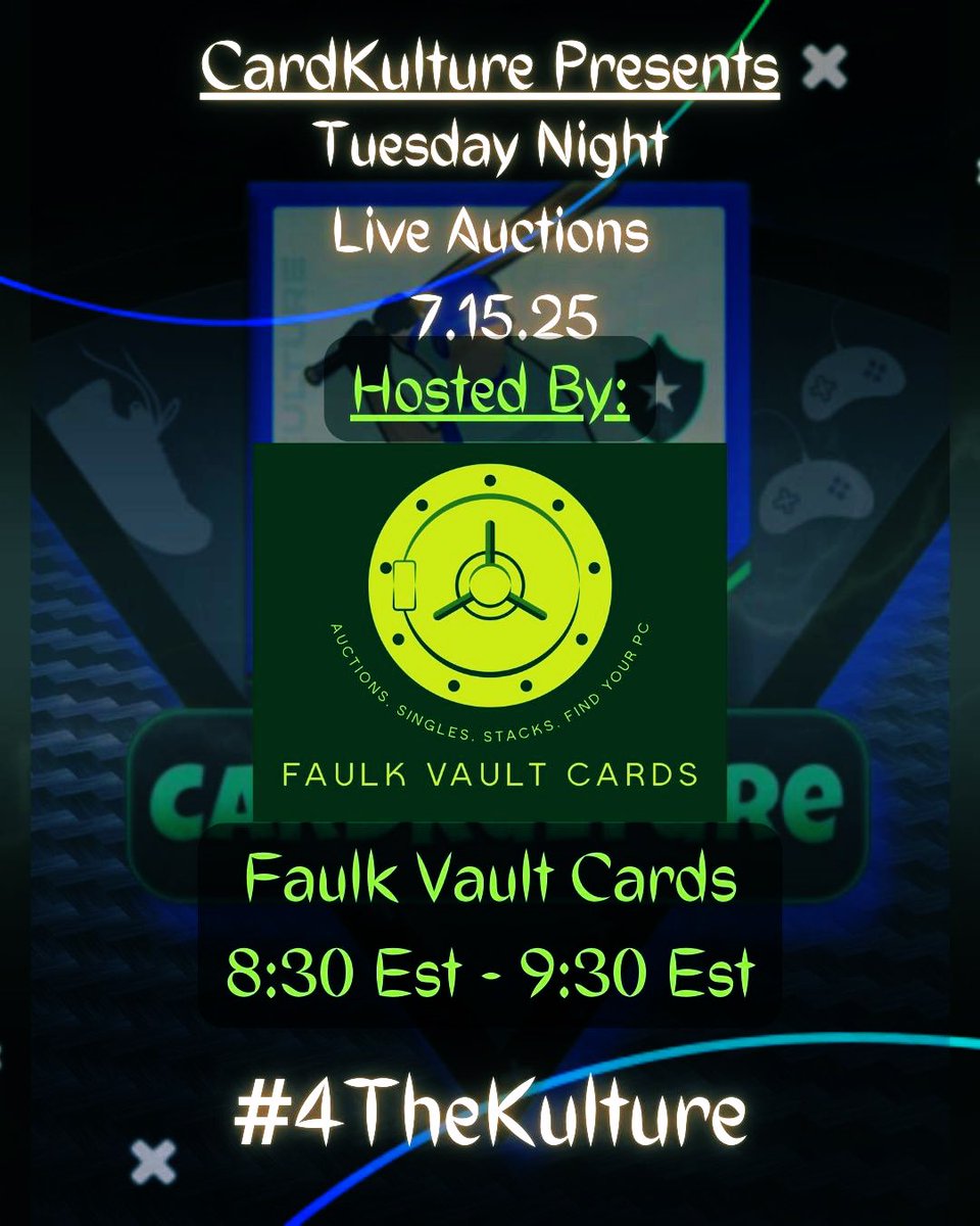 Lynn Faulk (@faulk129) on Twitter photo Going live tonight and tomorrow night 8:30 EST for auctions starting at $1. For stack sellers this is a great way to load up for cheap inventory with flip potential. Numbered cards, color, patches, autos, relics, One Piece and yes Pokemon! <a href="/CardKulture/">CardKulture</a> is the place to be! Monday Going live tonight and tomorrow night 8:30 EST for auctions starting at $1. For stack sellers this is a great way to load up for cheap inventory with flip potential. Numbered cards, color, patches, autos, relics, One Piece and yes Pokemon! <a href="/CardKulture/">CardKulture</a> is the place to be! Monday