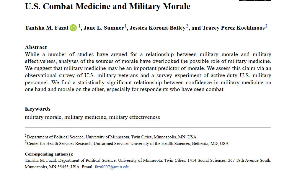 Armed Forces & Society (@afs_sage) on Twitter photo New in OnlineFirst: U.S. Combat Medicine and Military Morale - Tanisha M. Fazal (<a href="/tanishafazal/">Tanisha Fazal</a>), Jane L. Sumner, Jessica Korona-Bailey, Tracey Perez Koehlmoos (<a href="/DrTraceyK/">Dr Tracey Lynn Perez Koehlmoos</a>), 2025 #OpenAccess journals.sagepub.com/doi/full/10.11… New in OnlineFirst: U.S. Combat Medicine and Military Morale - Tanisha M. Fazal (<a href="/tanishafazal/">Tanisha Fazal</a>), Jane L. Sumner, Jessica Korona-Bailey, Tracey Perez Koehlmoos (<a href="/DrTraceyK/">Dr Tracey Lynn Perez Koehlmoos</a>), 2025 #OpenAccess journals.sagepub.com/doi/full/10.11…