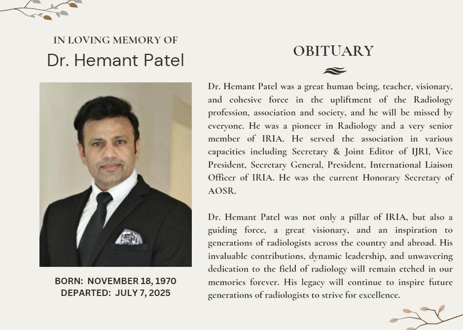 ISR_Radiology's tweet image. With profound grief, we inform of the sad demise of Dr. Hemant Patel a pillar and former president of the Indian Radiological &amp;amp; Imaging Association (IRIA).