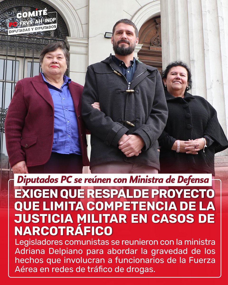 Comité PC - FRVS - AH Independientes (@bancadapc_frvs) on Twitter photo <a href="/LorenaPizarroS/">Lorena Pizarro Sierra</a> , <a href="/Candeladiputada/">María Candelaria Acevedo Sáez</a> y <a href="/matiasramirezpa/">Matias Ramirez Pascal</a> solicitaron a la ministra de Defensa el respaldo gubernamental al proyecto de ley presentado por la bancada que restringe la competencia de la justicia militar en delitos de narcotráfico cometidos por miembros de las FF.AA. <a href="/LorenaPizarroS/">Lorena Pizarro Sierra</a> , <a href="/Candeladiputada/">María Candelaria Acevedo Sáez</a> y <a href="/matiasramirezpa/">Matias Ramirez Pascal</a> solicitaron a la ministra de Defensa el respaldo gubernamental al proyecto de ley presentado por la bancada que restringe la competencia de la justicia militar en delitos de narcotráfico cometidos por miembros de las FF.AA.