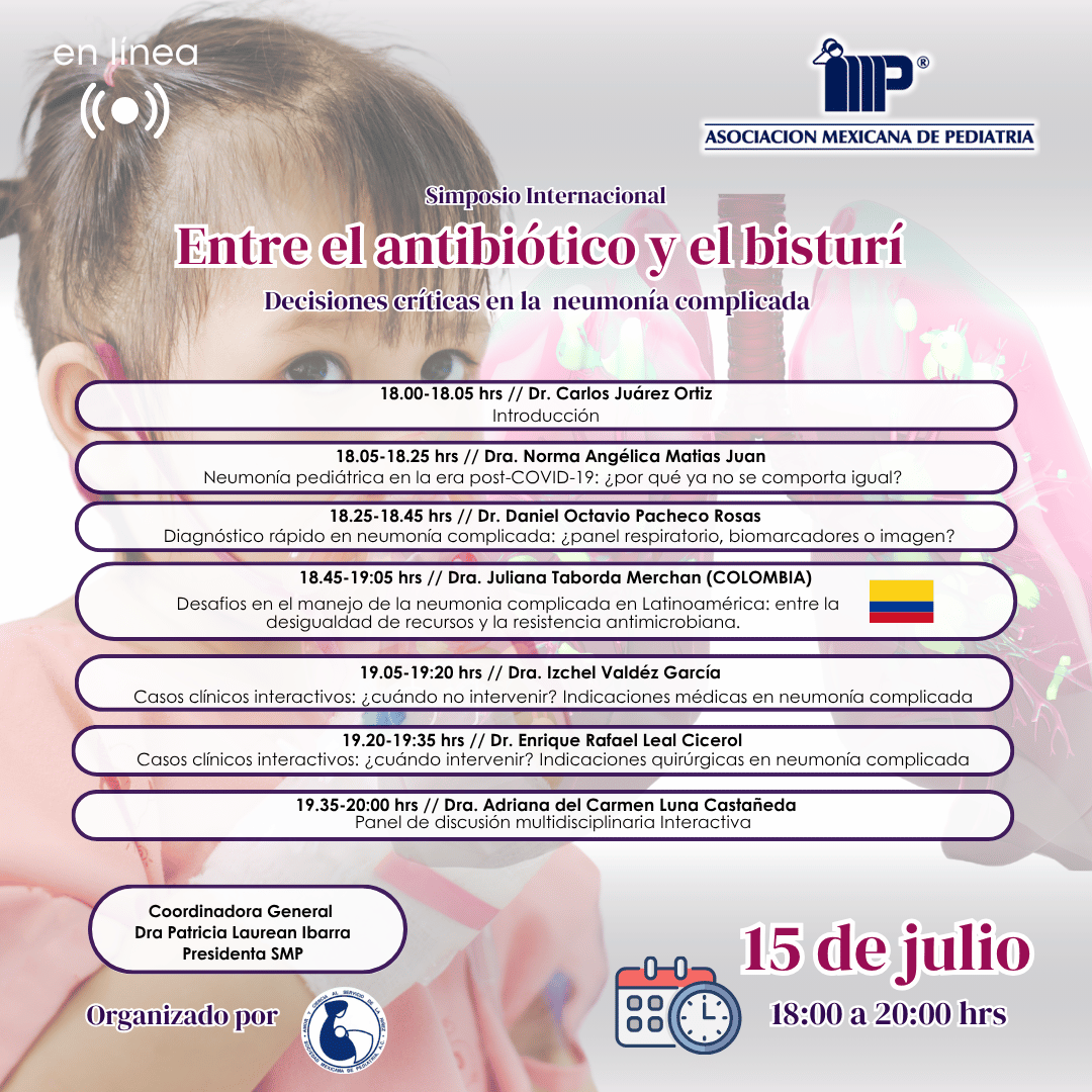 🩺 ¡Última llamada!
Este 15 de julio participa en el Simposio Internacional: Entre el antibiótico y el bisturí 💉🔬
Decisiones críticas en la neumonía complicada, con ponentes de 🇲🇽 y 🇨🇴
🕕 18:00-20:00 hrs
💻 Evento en línea
💲 $200 MXN
🔗 Regístrate: amp.org.mx