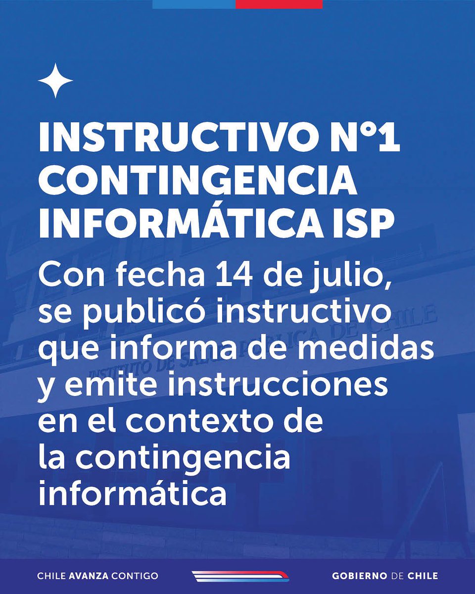ispch's tweet image. En relación con la contingencia informática del pasado viernes 27 de junio, el @ispch informa de medidas y emite instrucciones, las que se actualizarán de acuerdo con los avances en la recuperación de nuestros sistemas.
Para acceder ingrese a 👉🏼 ispch.gob.cl