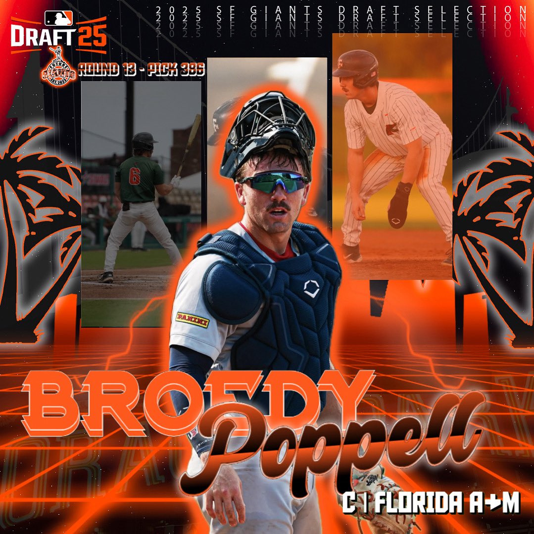 With the 386 pick in the 2025 MLB Draft… YOUR San Francisco Giants select 🥁🥁🥁:

BROEDY POPPELL, CATCHER, FLORIDA A&amp;M!

FROM ONE BAY TO ANOTHER, WELCOME HOME BROEDY! 🔥

#FutureGiants_ <a href="/FAMU_Baseball/">Florida A&M Baseball ⚾️</a>