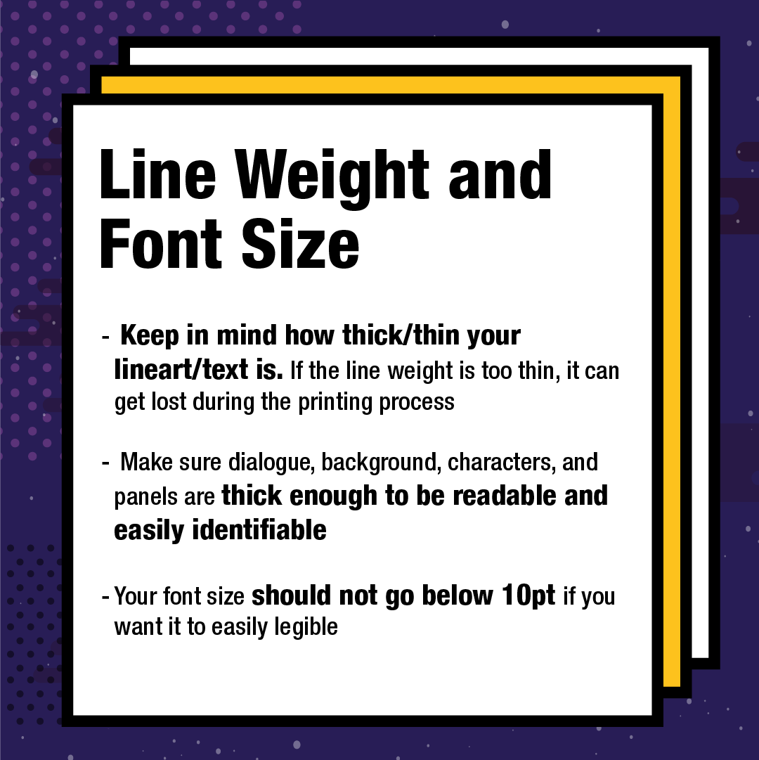 iFdesignstudios's tweet image. Enhance the quality of your comics with these tips and tricks!
🎨Make your color profile CMYK
💻Have your resolution as 300 dpi (dots per inch)
✒️Keep in mind your line weight of your art
💬Font Size should not go below 10pt
 #artcontest #writingcontest #VisualStorytellerContest