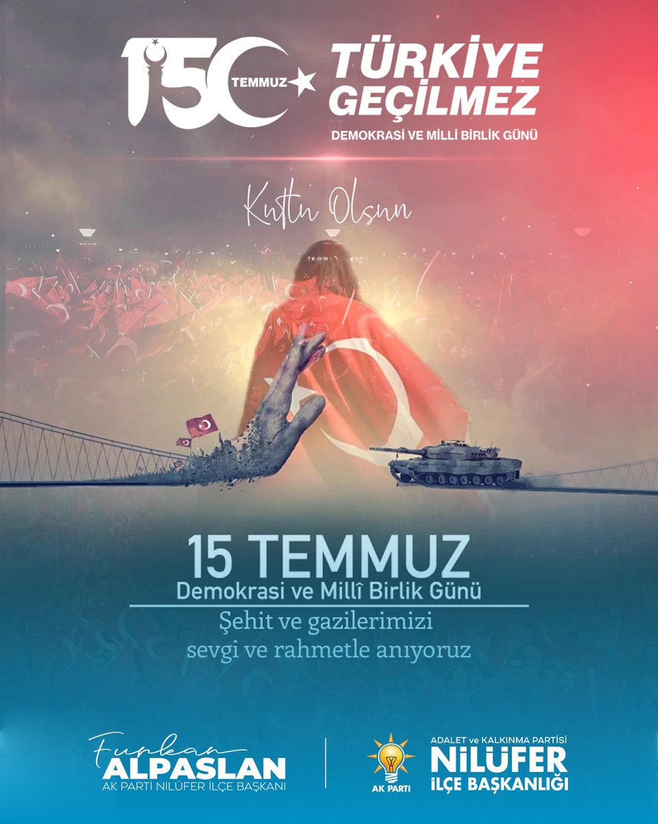 🇹🇷 15 Temmuz Demokrasi ve Milli Birlik Günü

Milletimizin iradesine, demokrasimize ve istiklalimize kasteden hain darbe girişimine karşı canları pahasına direnen aziz şehitlerimizi rahmetle, kahraman gazilerimizi minnetle anıyoruz.
Bu topraklar, her zaman vatanı için ayağa