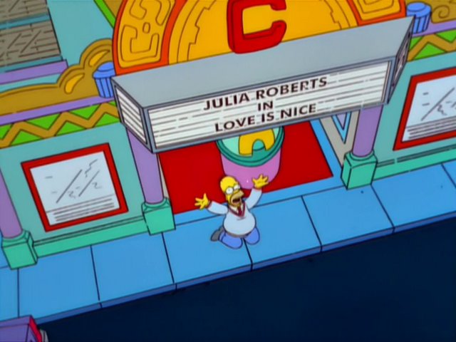 This doesn't count (movie title) but is one of my favorite examples of how devastatingly simple yet on-target the best Simpsons satire could be.