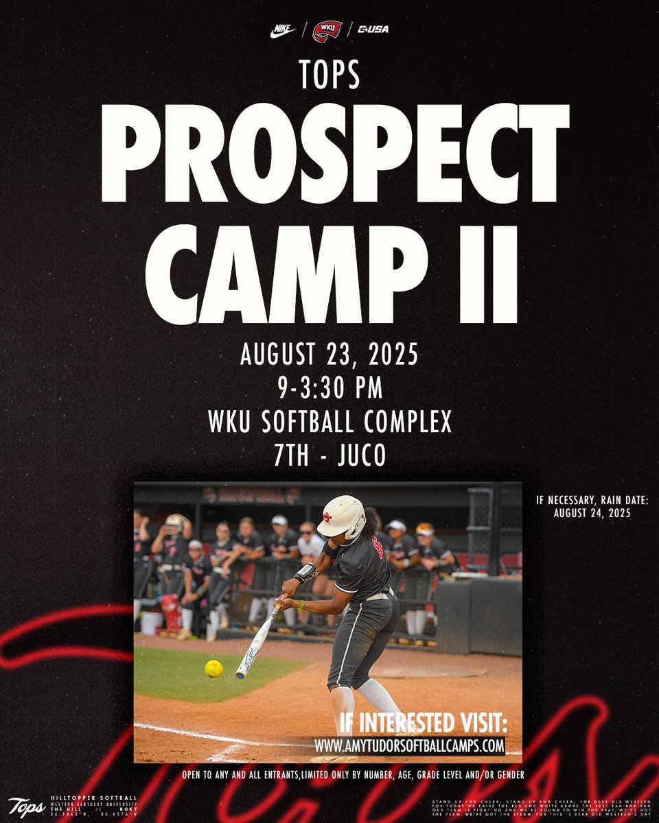 WKUSoftball's tweet image. Did someone say camp? 🥎
Head to amytudorsoftballcamps.com to register!
#GoTops | #tcb