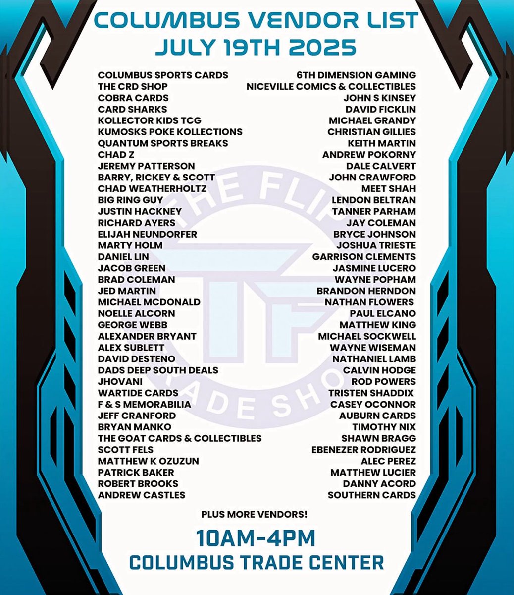 FlipTradeShow's tweet image. You’re Columbus Vendor lost for this Saturday !! 80+ vendor almost 150 tables ! Setup starts 8am Saturday eastern time. Vendor emails will go out Wednesday evening.