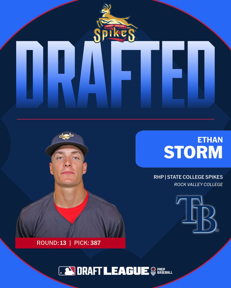 Ethan Storm ➡️ #RaysUp

<a href="/RaysBaseball/">Tampa Bay Rays</a> have selected RHP Ethan Storm (<a href="/SCSpikes/">State College Spikes</a>) with the 387th pick (13th rd) in the #MLBDraft!

✍️ loom.ly/P2wNQu8 | #MLBDraftLeague