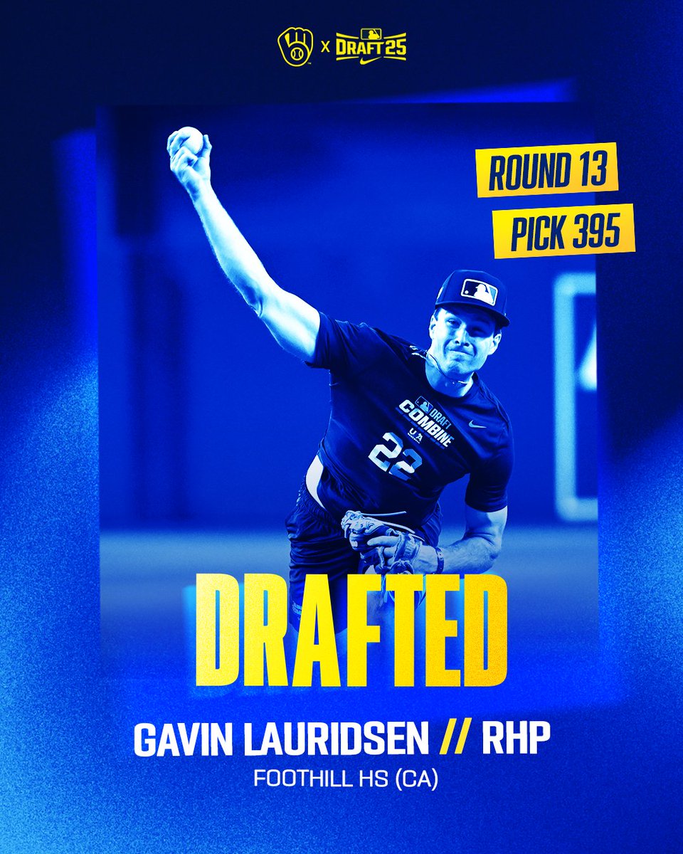 BrewersPD's tweet image. Round 13 / Pick 395
Gavin Lauridsen / Foothill HS (CA)
Welcome to the Crew, @GavinLauridsen!
#ThisIsMyCrew