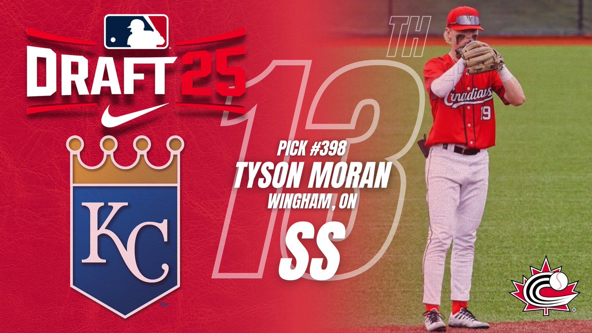 baseballcanada's tweet image. Congrats to SS @tysonmoran_ (Wingham, ON), selected by the @Royals in the 13th round, 398th overall in the 2025 #MLBDraft!