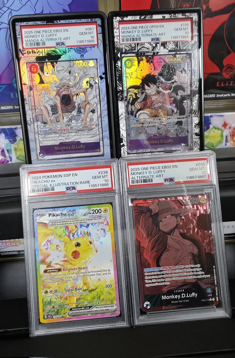 inhuman's tweet image. First PSA shipment came back and holy shit I won 😭
EB-02 is pop 125, OP-09 is pop 395