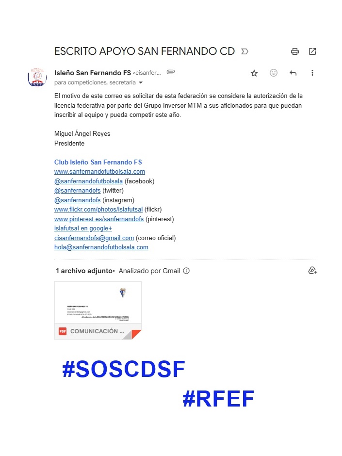 Enviado a <a href="/rfef/">RFEF</a>  y a <a href="/RFAF/">RFAF</a>  nuestro apoyo al <a href="/SanFernando_CD/">San Fernando CD</a> 

#SOSCDSF

Un sentimiento que no se puede perder