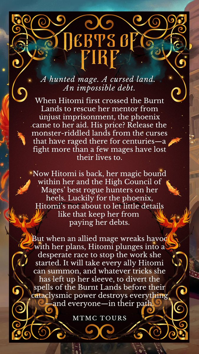 mtmctours's tweet image. On tour this week: Debts of Fire by @BooksByIntisar! 🐦🔥🧡 Join Hitomi on another high-stakes adventure through the gorgeously diverse world of Intisar Khanani’s Sunbolt Chronicles.
💫Out now from @snowywingspub! books2read.com/debtsoffire
✨Follow the tour in our #DebtsofFireMTMC