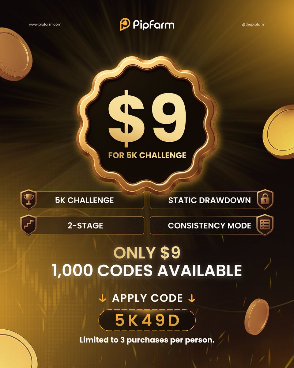 Here's your chance to get a PipFarm challenge for just $9 🤯

Use code 👉 5K49D 

And pay just $9 for our 5K 2-Stage Consistency Mode challenge.