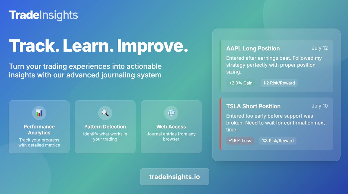 TradeInsightsIO's tweet photo. Track. Learn. Improve. Turn your trading experiences into actionable insights with TradeInsights' advanced journaling system.
Visit https://t.co/y7xnTcZp90 and start tracking like a pro.
#TradingJournal #TraderAnalytics #TradeInsights #tradingstrategy #TradeSmarter https://t.co/e9OLagualP
