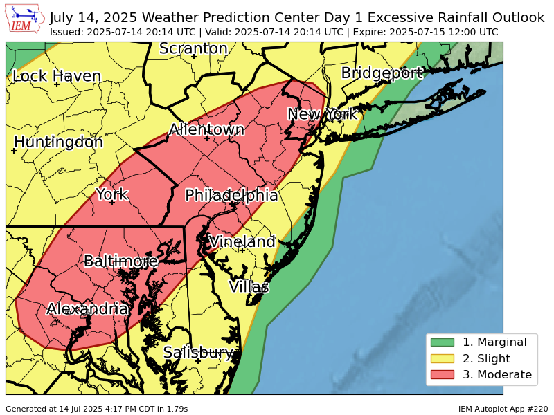 WPC issues Day 1 Moderate Risk Excessive Rainfall Outlook at Jul 14, 20:14z for PHI wpc.ncep.noaa.gov/qpf/excessive_…