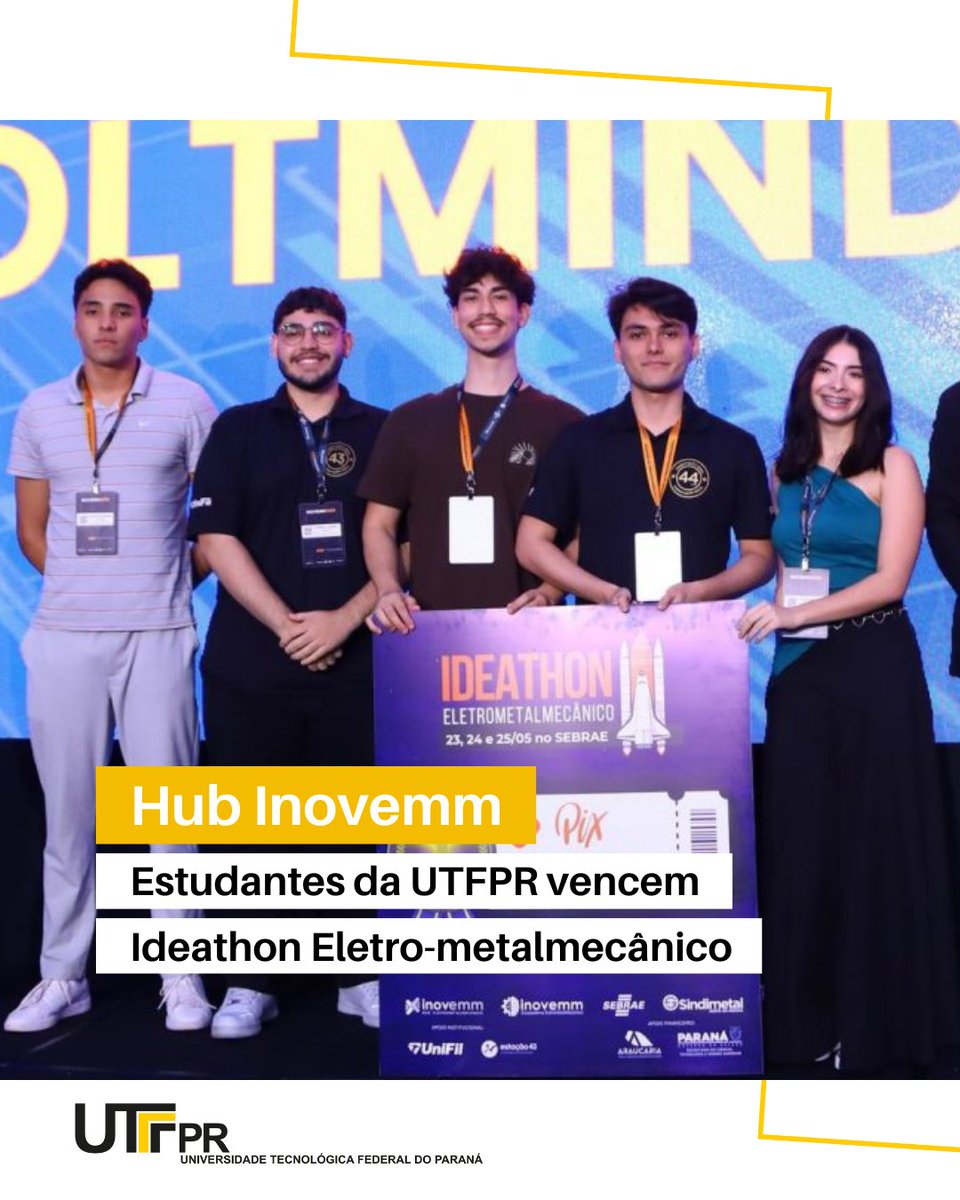 Estudantes da UTFPR alcançaram o 1º lugar no Ideathon Eletro-metalmecânico do Hub Inovemm 2025.

Os alunos criaram uma tecnologia que aplica I.A. para monitorar e analisar o consumo de energia elétrica em pequenas e médias empresas.

Saiba mais em: mla.bs/4479fec6