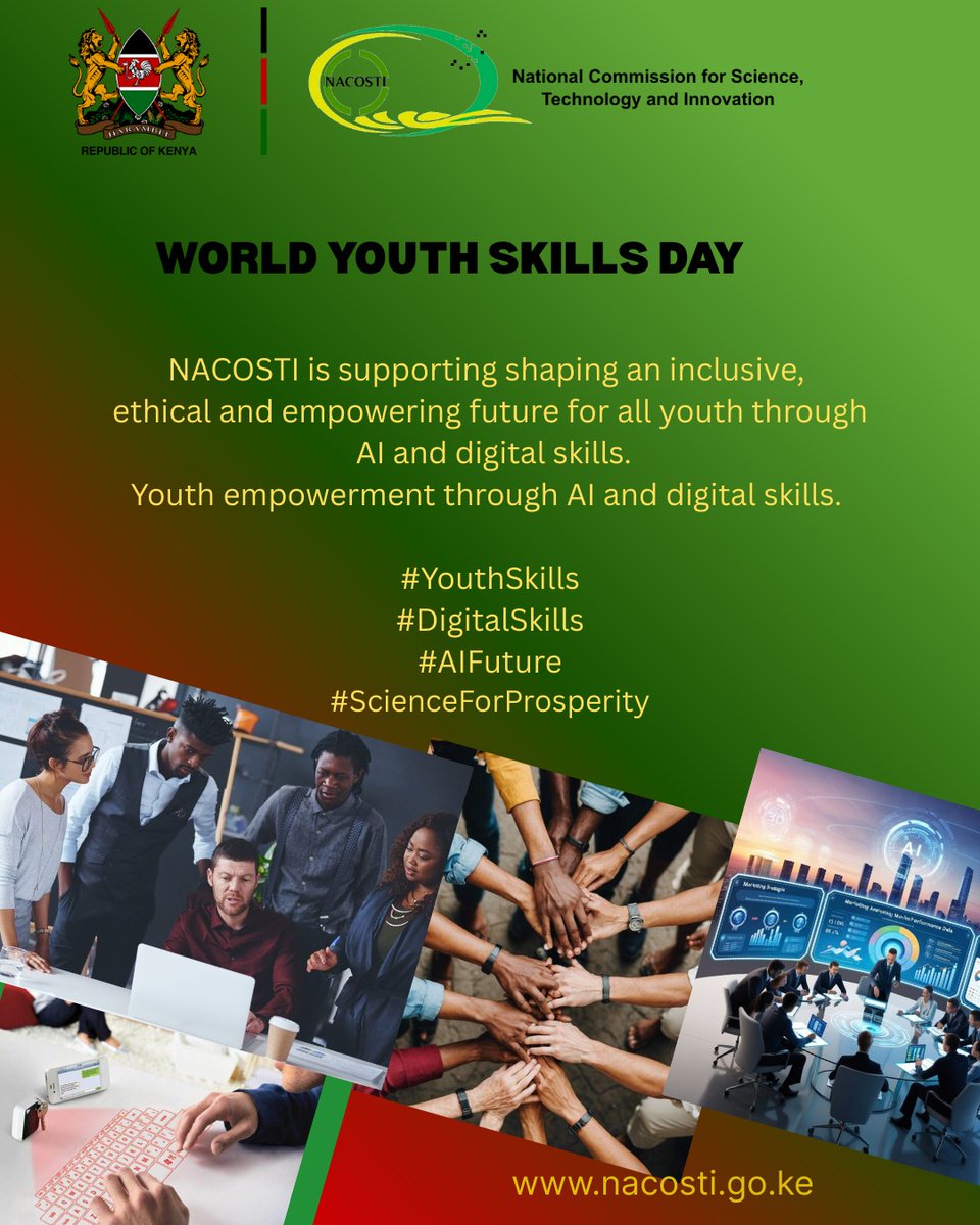 nacosti's tweet photo. NACOSTI supports the empowerment of youth through AI and digital skills. 
#WYSD2025
#YouthSkills
#DigitalSkills
#AIFuture
#ScienceForProsperity
#RSTI 
#NACOSTI https://t.co/h8KXx5lSX5