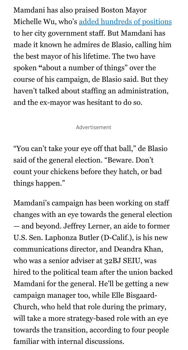 rohmerfan1127's tweet photo. Mamdani is “looking outside his ideological cohort” to prove that “progressives can govern,” sourcing his post-primary hires from the Democratic Establishment + union bureaucracy and taking the advice of Bill de Blasio and his inner circle. https://t.co/tgMHJ8dpTB