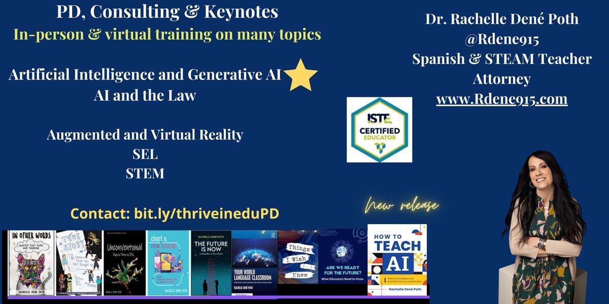 Booking for keynotes, school PD, &amp; consulting on #AI AI and the #law. 7+ years experience w/ #AI #STEM #generativeAI &amp; more. Submit my Contact form bit.ly/thriveineduPD or see my website Rdene915.com for topics &amp; testimonials #edtech #edchat  #SEL #STEM #k12   #is…
