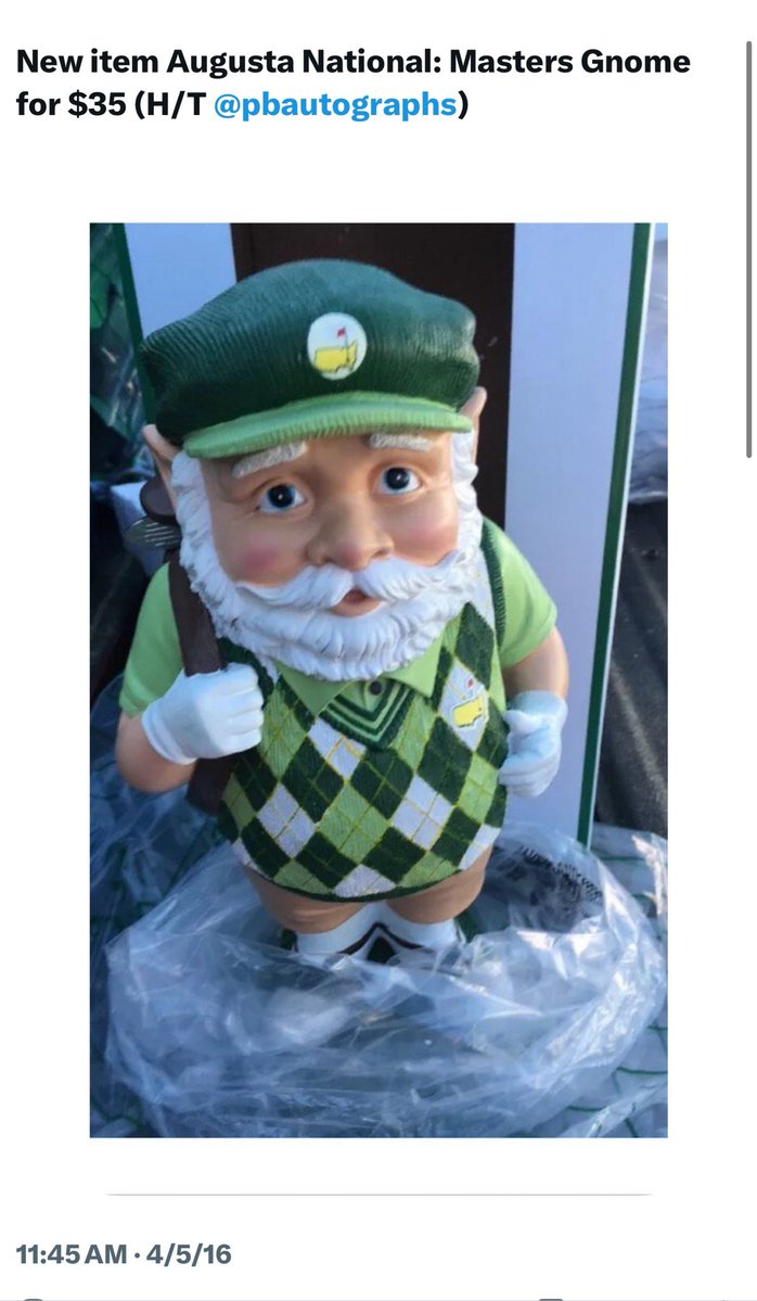 Darren Rovell (@darrenrovell) on Twitter photo I tweeted this during the 2016 Masters.
This gnome sold out so fast, it is considered extremely rare.
<a href="/Golf_Auction/">The Golf Auction</a> currently has one up for bid
Current top bid, including buyer’s premium? $10,195!!! I tweeted this during the 2016 Masters.
This gnome sold out so fast, it is considered extremely rare.
<a href="/Golf_Auction/">The Golf Auction</a> currently has one up for bid
Current top bid, including buyer’s premium? $10,195!!!