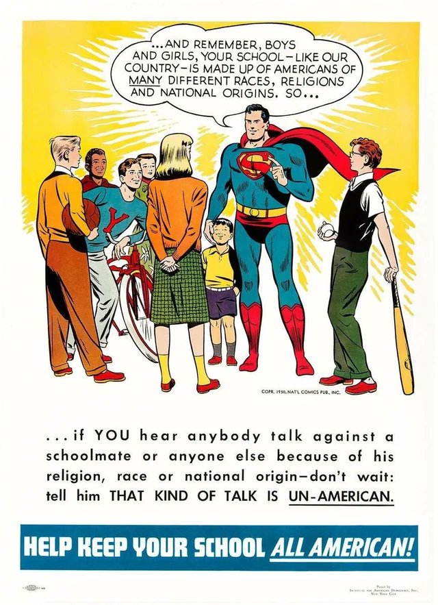 StrangelEdweird's tweet image. I love this image because:

It's from the 1950s—a time period racist far-right types love to idealize—but it's promoting diversity, equity, and inclusion.

It's *truly* inclusive, and marries those values with a sense of American patriotism that far-left types hate.