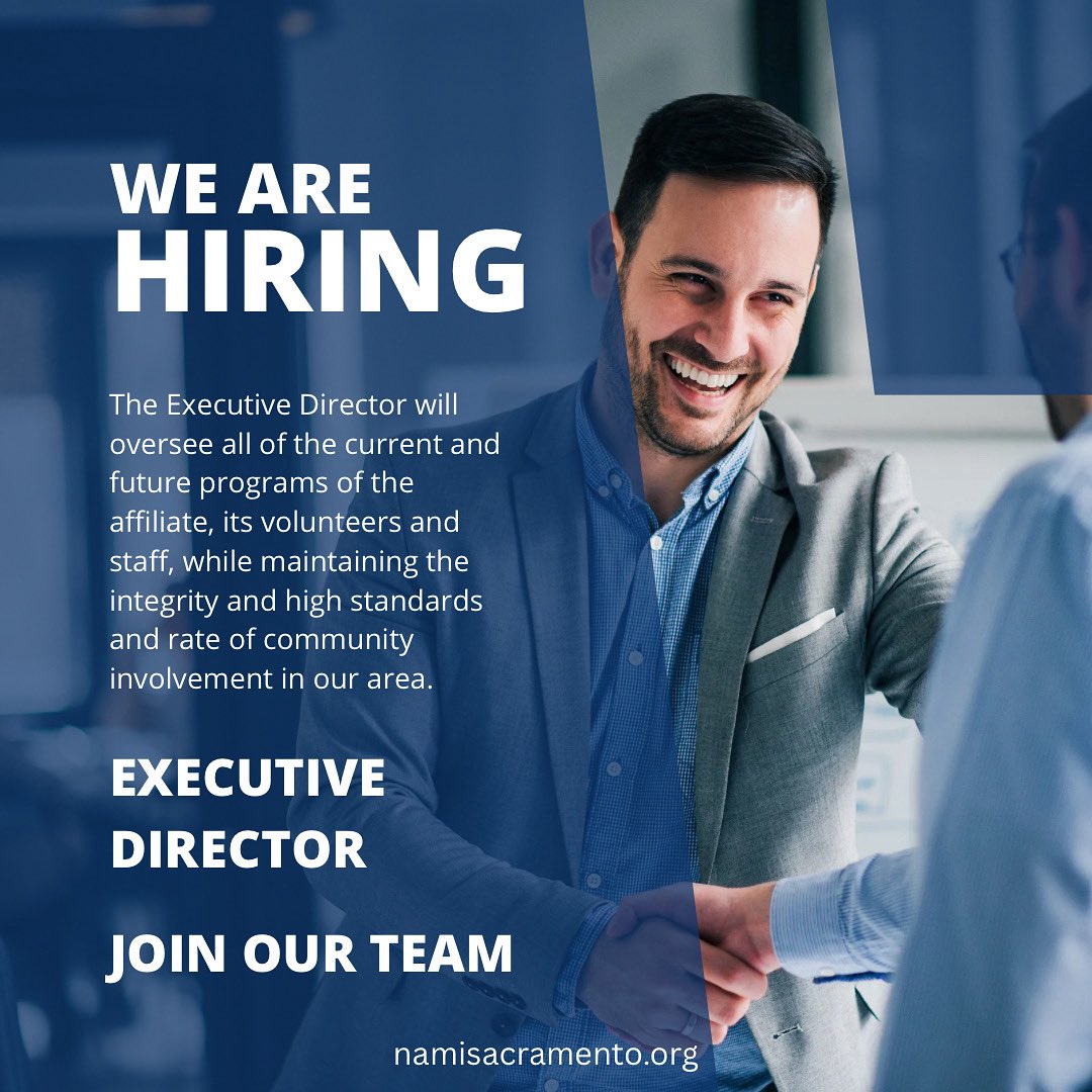 NAMI Sacramento is hiring an Executive Director! If you think this could be you, please visit the link in our bio for the full job description and information on how to apply. We look forward to hearing from you!