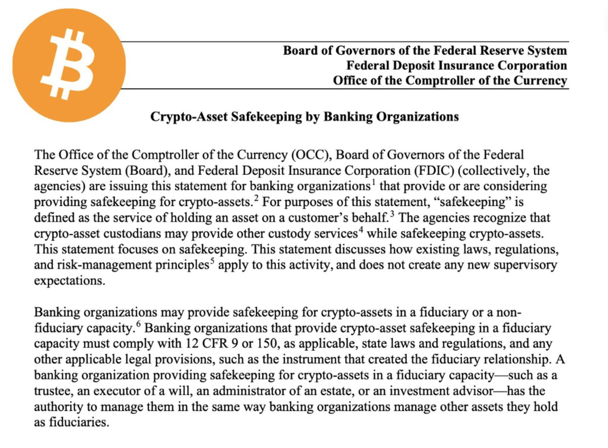 🚨 BREAKING: U.S. banking regulators just confirmed that banks can custody  crypto, including Bitcoin. This clears the path for regulated safekeeping  services — a major green light for institutional adoption.