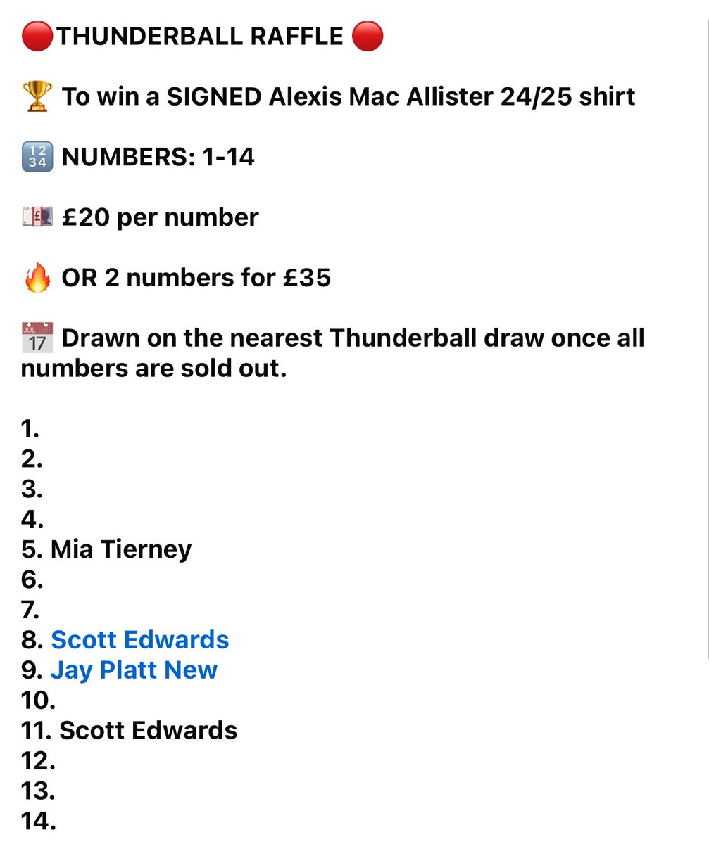AaronWilko's tweet photo. 🔴THUNDERBALL RAFFLE 🔴

🏆 To win a SIGNED Alexis Mac Allister 24/25 shirt

🔢 NUMBERS: 1-14

💷 £20 per number

🔥 OR 2 numbers for £35

📅 Drawn on the nearest Thunderball draw once all numbers are sold out. https://t.co/v6wjhqKBYH