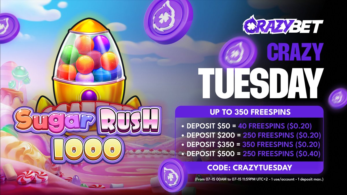 crazybet's tweet photo. CRAZY TUESDAY: CLAIM UP TO 350 FREE SPINS ON SUGAR RUSH 1000 ✨

& we’re giving away even more🎁 want 50 No Deposit Free Spins? 👇

✅ Like + RT
✅ Follow us
✅ Drop your @CrazyBet username

🎯 Winner picked 16 July at 11AM UTC

🎰 Play now https://t.co/YMCQuP0pb9

🔐 Code: CRAZYTUESDAY