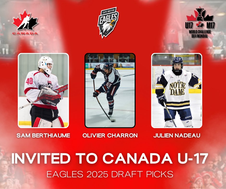 CBEHockey's tweet image. Our top three picks from the 2025 draft have been invited to try out for Canada at the upcoming World Under 17 Hockey Challenge!
Olivier Charron, Julien Nadeau and Sam Berthiaume will all be travelling to camp in Toronto, ON. this week 🦅
Details 🔽
chl.ca/lhjmq-eagles/a…
