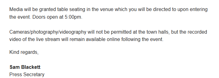 Alberta gov't barring cameras/videography/photos at Alberta Next public town halls in Red Deer &amp; Sherwood Park too, in favour of government's own fixed camera(s) feed.