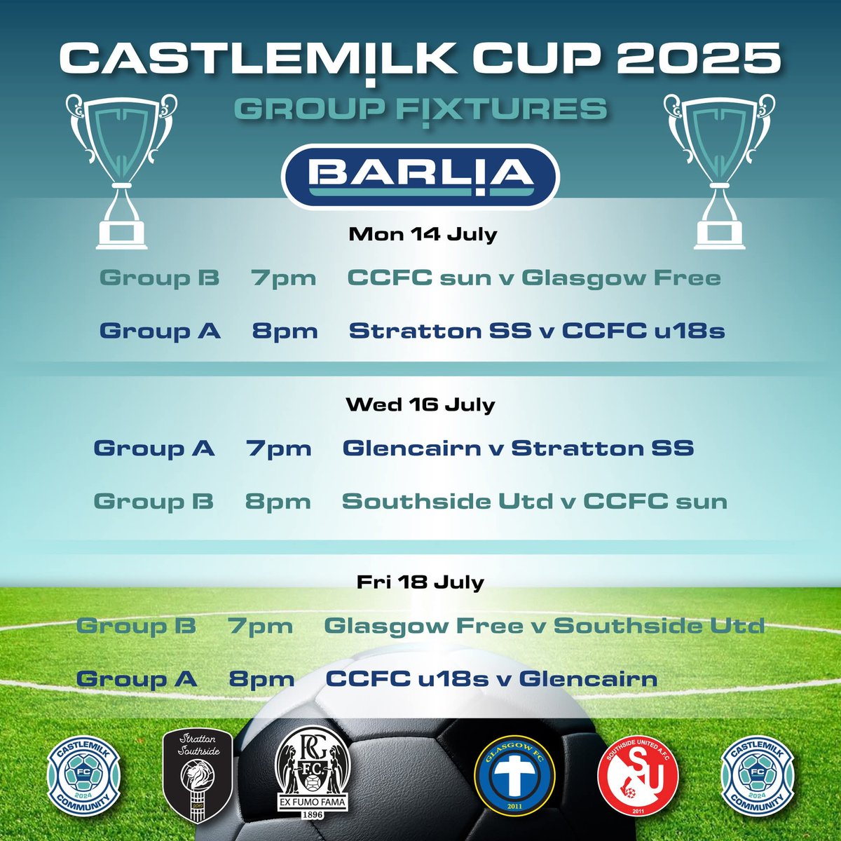 Castlemilk Community Football Trust (@cmilkcomfoot) on Twitter photo Get yourself along to Barlia all this week and take in the Castlemilk Cup fixtures ...60 minute games ...Monday, Wednesday, Friday 7pm and 8pm kick offs.
<a href="/CastlemilkCFC/">Castlemilk Community Fc Sunday</a>
<a href="/ccfc2008/">Castlemilk Community Football Club U17’s</a>
<a href="/AfcStratton/">Stratton Southside AFC</a>
<a href="/glasgow_f/">Glasgow FC</a>
<a href="/GlencairnAFC/">Rutherglen Glencairn AFC</a>
<a href="/SUAFC/">Southside United AFC</a>
#barliapitchesmatter Get yourself along to Barlia all this week and take in the Castlemilk Cup fixtures ...60 minute games ...Monday, Wednesday, Friday 7pm and 8pm kick offs.
<a href="/CastlemilkCFC/">Castlemilk Community Fc Sunday</a>
<a href="/ccfc2008/">Castlemilk Community Football Club U17’s</a>
<a href="/AfcStratton/">Stratton Southside AFC</a>
<a href="/glasgow_f/">Glasgow FC</a>
<a href="/GlencairnAFC/">Rutherglen Glencairn AFC</a>
<a href="/SUAFC/">Southside United AFC</a>
#barliapitchesmatter