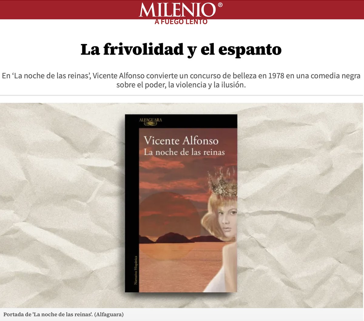 "Alfonso documenta la realidad (...) solo para traicionarla en beneficio de la ficción. Quizá porque no falta a la vocación del novelista, miente con abundancia de pruebas", señala Roberto Pliego, a quien agradezco esta reseña de La noche de las reinas:
milenio.com/cultura/laberi…