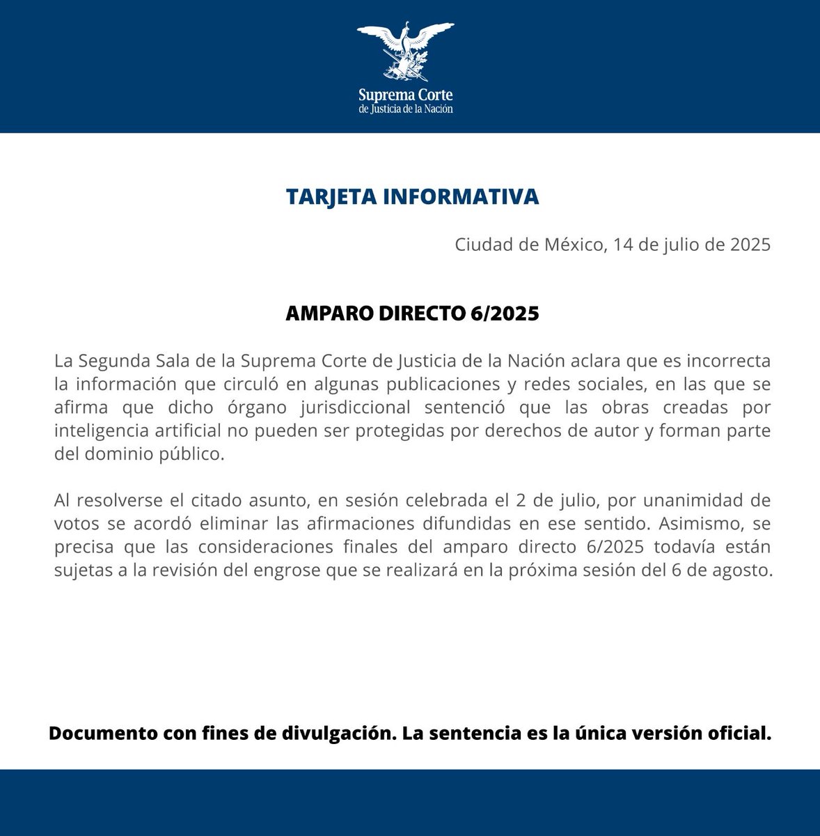 Tarjeta informativa de #LaCorte sobre el Amparo Directo 6/2025, en el que se analizó la protección de las obras generadas mediante inteligencia artificial bajo el régimen de derechos de autor.