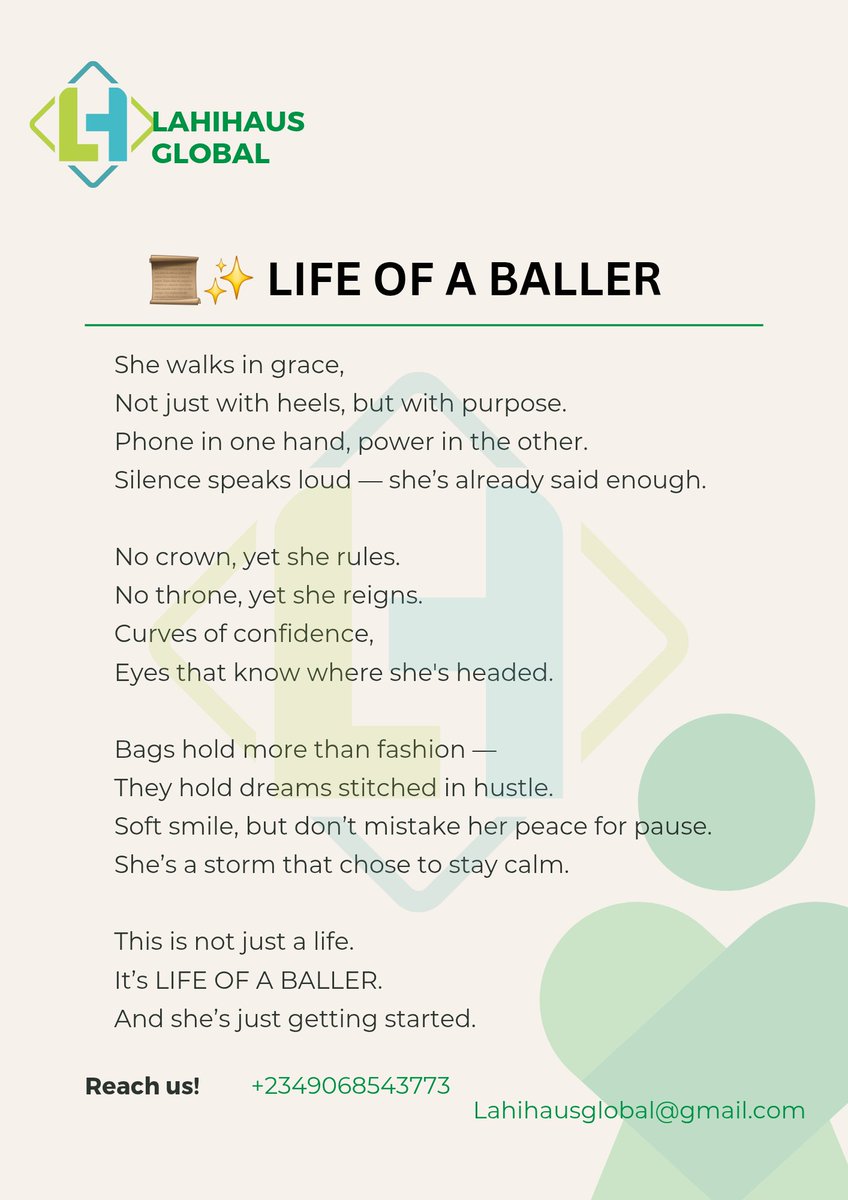 LahiHaus1's tweet photo. 📜✨ LIFE OF A BALLER
She walks in grace,
Not just with heels, but with purpose.
Phone in one hand, power in the other.
Silence speaks loud — she’s already said enough. #LAHIHAUS #StreetPoet #PoetryInMotion #VoiceOfTheStreets #poetry #PoetryIsLife #PoetlArtist #poetrychallenge https://t.co/eYyq9DSk9H