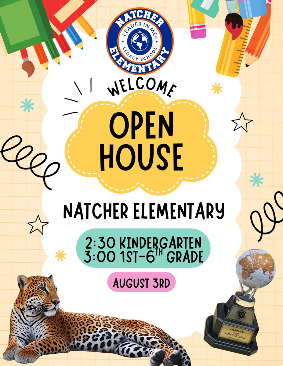 Natcher Elementary (@natcherelem) on Twitter photo Save the date! Natcher's Open House is on August 3rd. Kindergarten families are welcomed to come in at 2:30 and then we will open the doors for students in grades 1st-6th at 3:00. We can't wait to see you! Save the date! Natcher's Open House is on August 3rd. Kindergarten families are welcomed to come in at 2:30 and then we will open the doors for students in grades 1st-6th at 3:00. We can't wait to see you!