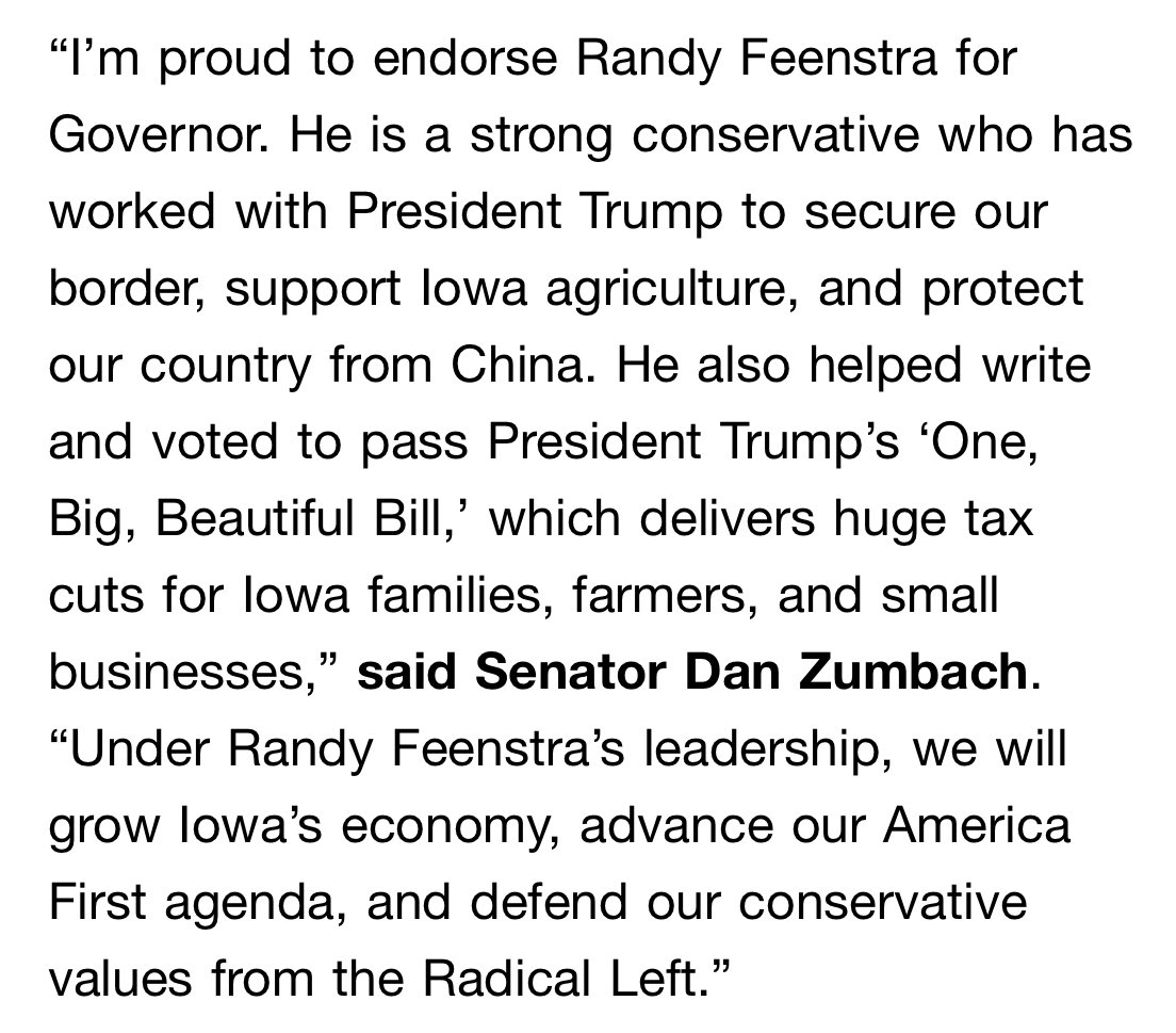 RandyFeenstra's tweet image. I’m grateful to Senator Dan Zumbach for his endorsement of our campaign.
As Governor, I will work with Senator Zumbach and the full legislature to advance a strong economic agenda for Iowa, support agriculture, and lower costs for families and small businesses.