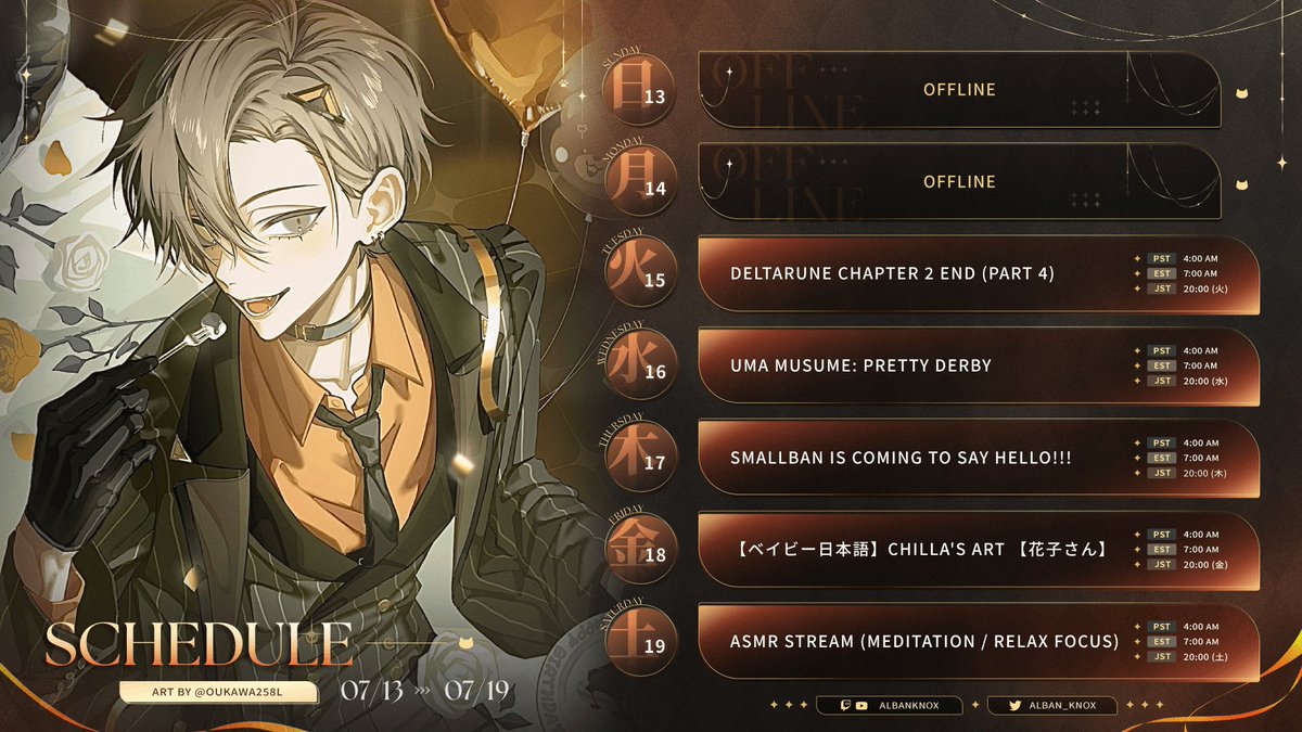 NEW SCHEDULE FOR THE WEEK!!!! There's some interesting stuff here 👀

General: #AlbanKnox
Live: #AlbanLive
Art: #AlbanKnoxArt
NSFW: #KnoxSFW
Meme: #DeezKnox
Thumbnail &amp; Assets: #AlbanGraphics
Clips: #KnoxClips
