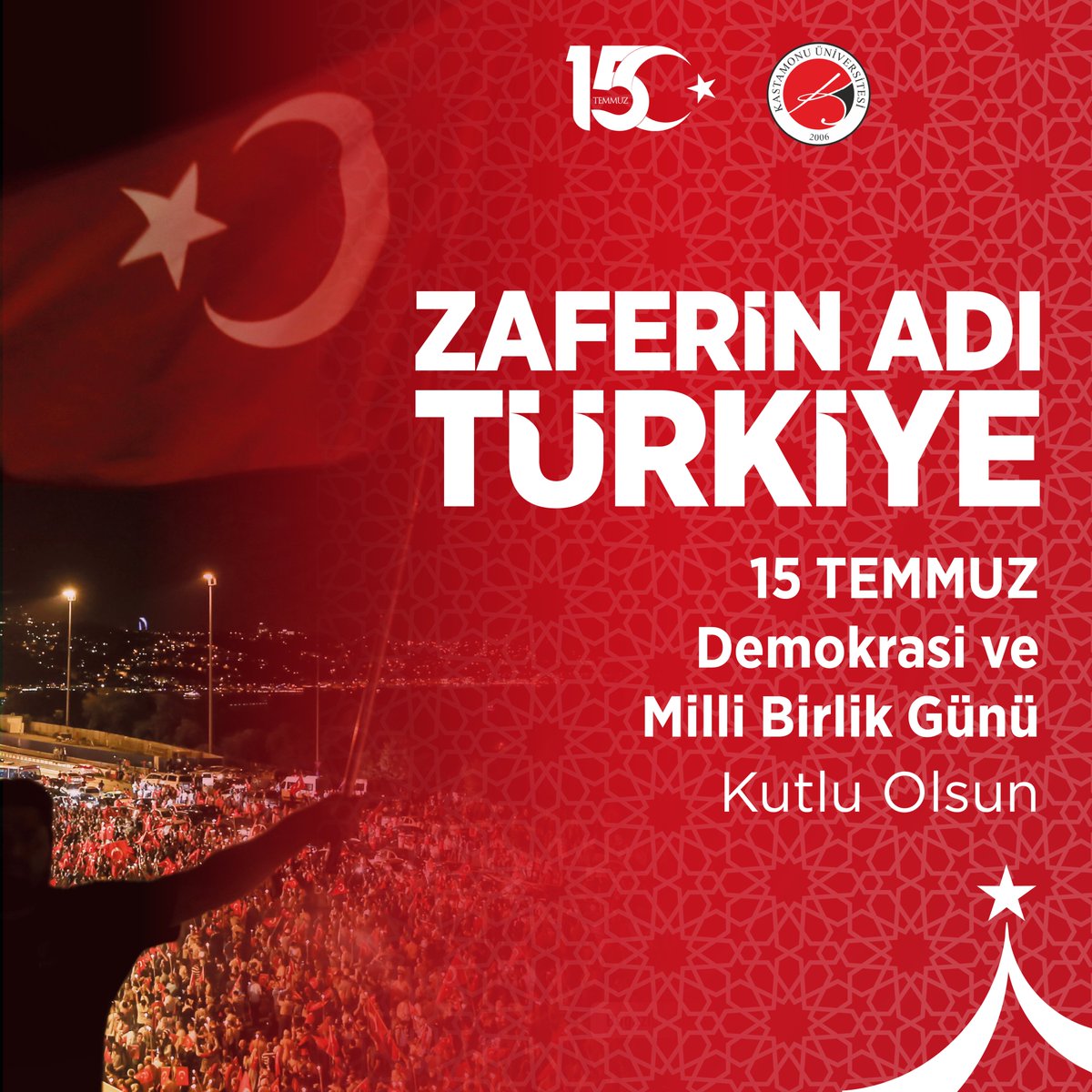 15 Temmuz hain darbe girişiminin 9’uncu yıl dönümünde, demokrasi ve vatan uğruna canlarını feda eden aziz şehitlerimizi rahmet ve saygıyla anıyor; kahraman gazilerimize şükranlarımızı sunuyoruz. 🇹🇷🇹🇷 

#15Temmuz #ZaferinAdıTürkiye #KastamonuÜniversitesi