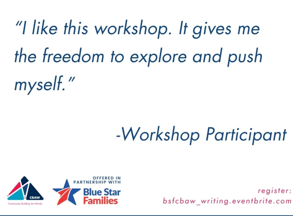 PathfinderLabs's tweet image. On 7/17 Blue Star Families will host Creative Writing Workshop for Military, Veterans, Caregivers & Spouses online at 330pm.
Community Building Art Works is hosting a FREE writing workshop for #ActiveDuty, #Veterans, and #MilitaryFamilies.
bobwoodrufffoundation.org/nyc-event/crea…