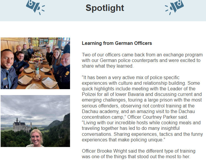 boulderpolice's tweet image. Taking Care of Yourself

In his July newsletter Chief Redfearn talks about the importance of taking care of yourself, especially as a first responder. He also highlights our German police officer exchange program, a commander&apos;s graduation from a prestigious leadership course and…